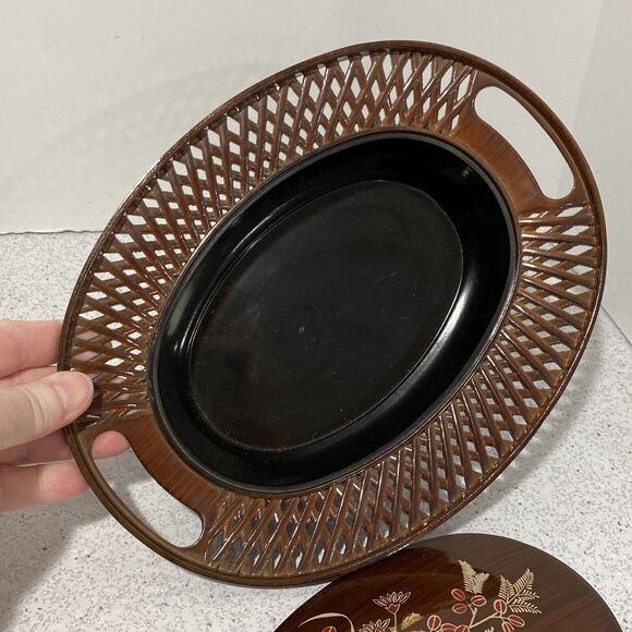 Vintage Asian Faux Wood Lacquer Lattice covered candy dish mid century floral - Picture 5 of 10